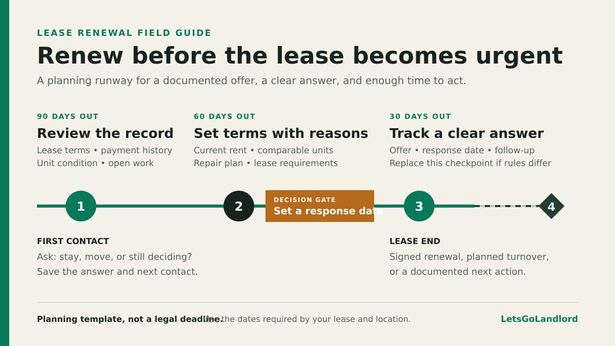 A lease renewal runway showing when to review the record, set terms, send an offer, and record the tenant's answer