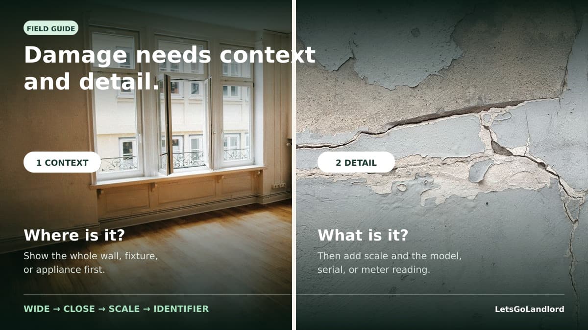 Split view showing a full rental room for context beside a close-up of cracked wall damage