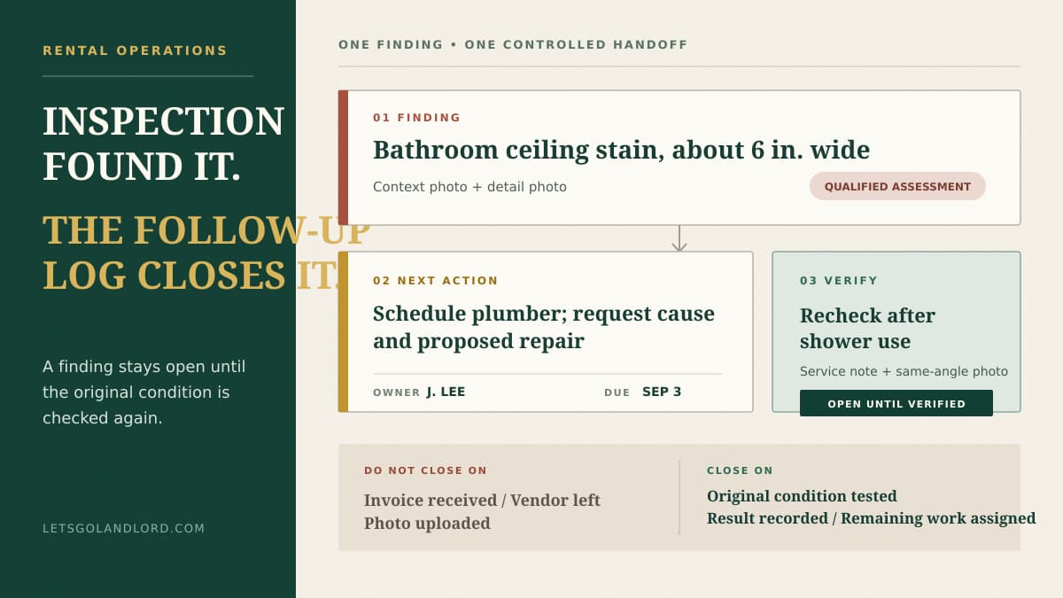 An inspection follow-up log turning rental property findings into assigned actions, verification, and closure