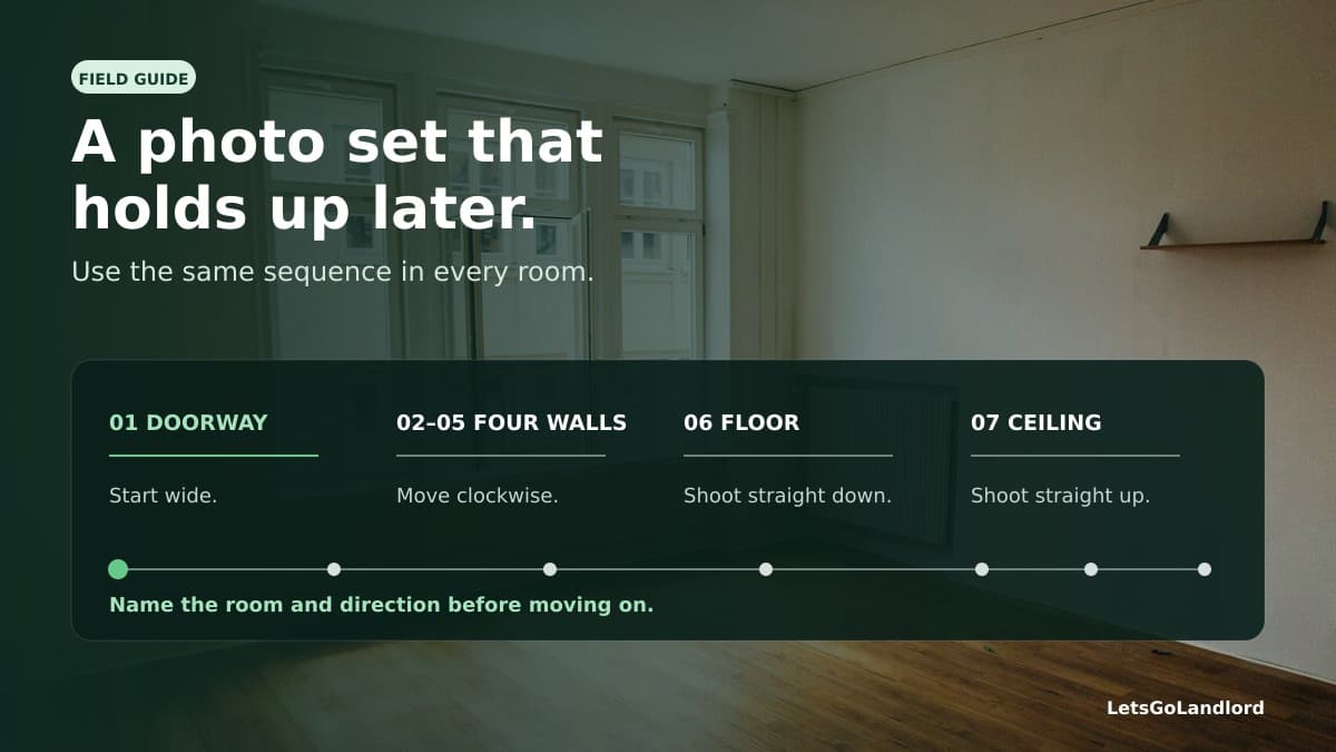 Seven-photo sequence for documenting each room during a rental property inspection