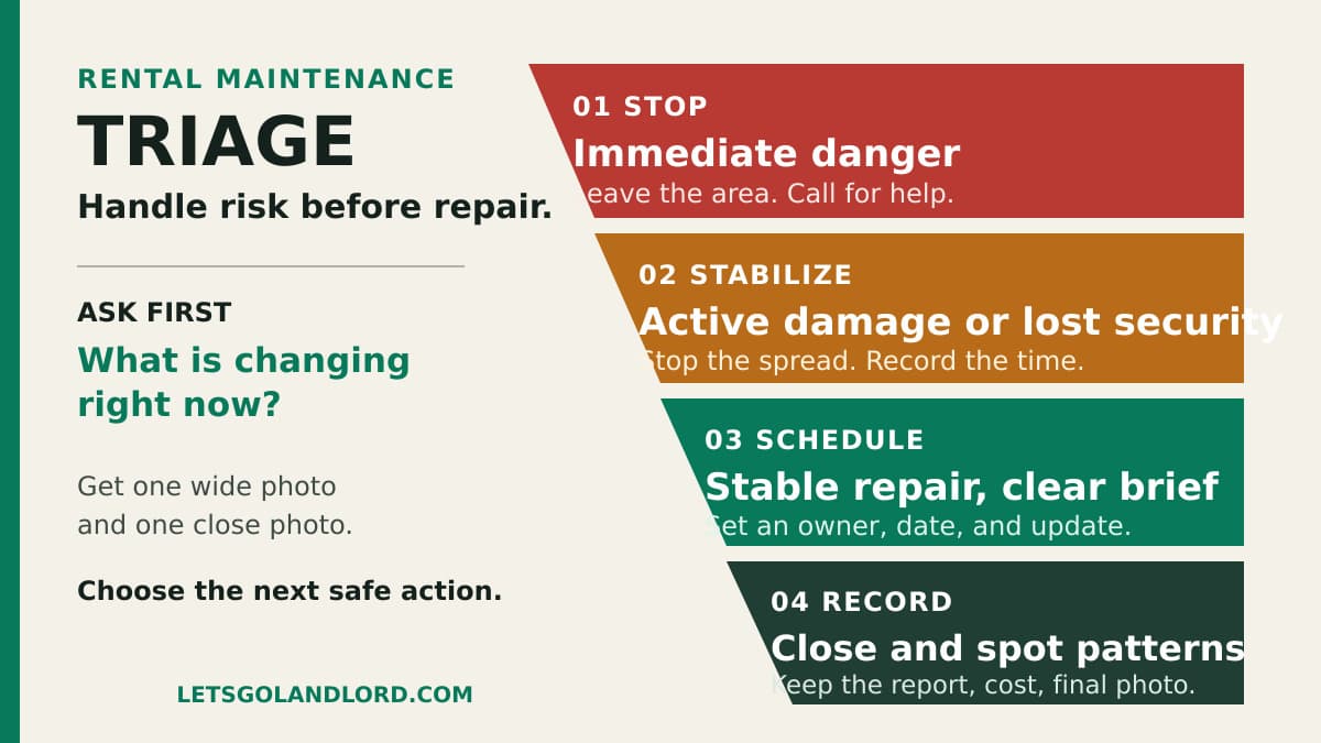 A rental maintenance triage board sorting requests into stop, stabilize, schedule, and record